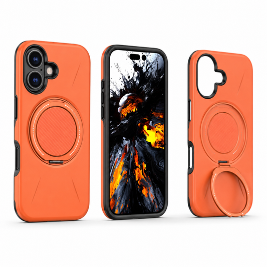 Premium iPhone 17 MagSafe Case in Orange featuring 360° ring holder, drop protection case, rugged phone cover