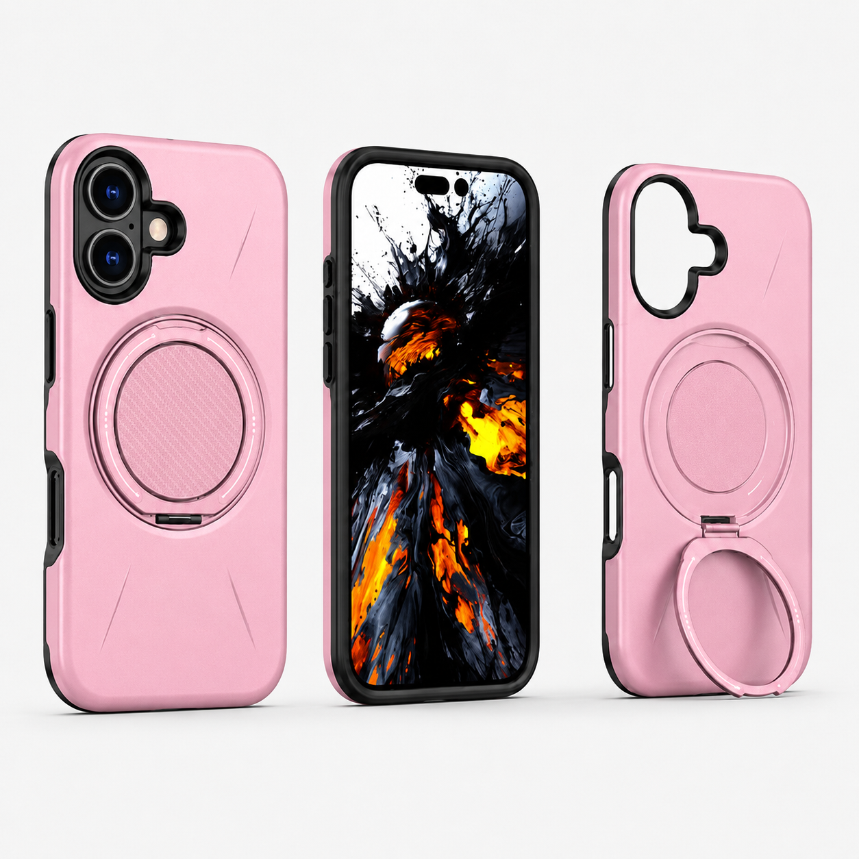 Pink MagSafe Forge Ring Case for Apple iPhone 17, shockproof phone case, protective mobile cover, kickstand case