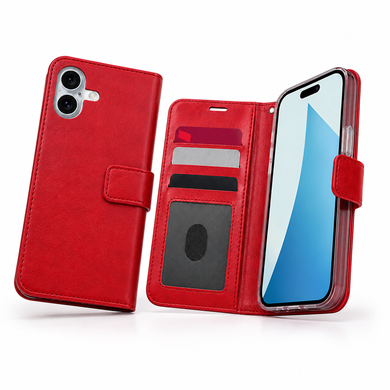 Shockproof red folio case for iPhone 16 with card storage