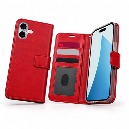 Shockproof red folio case for iPhone 16 with card storage