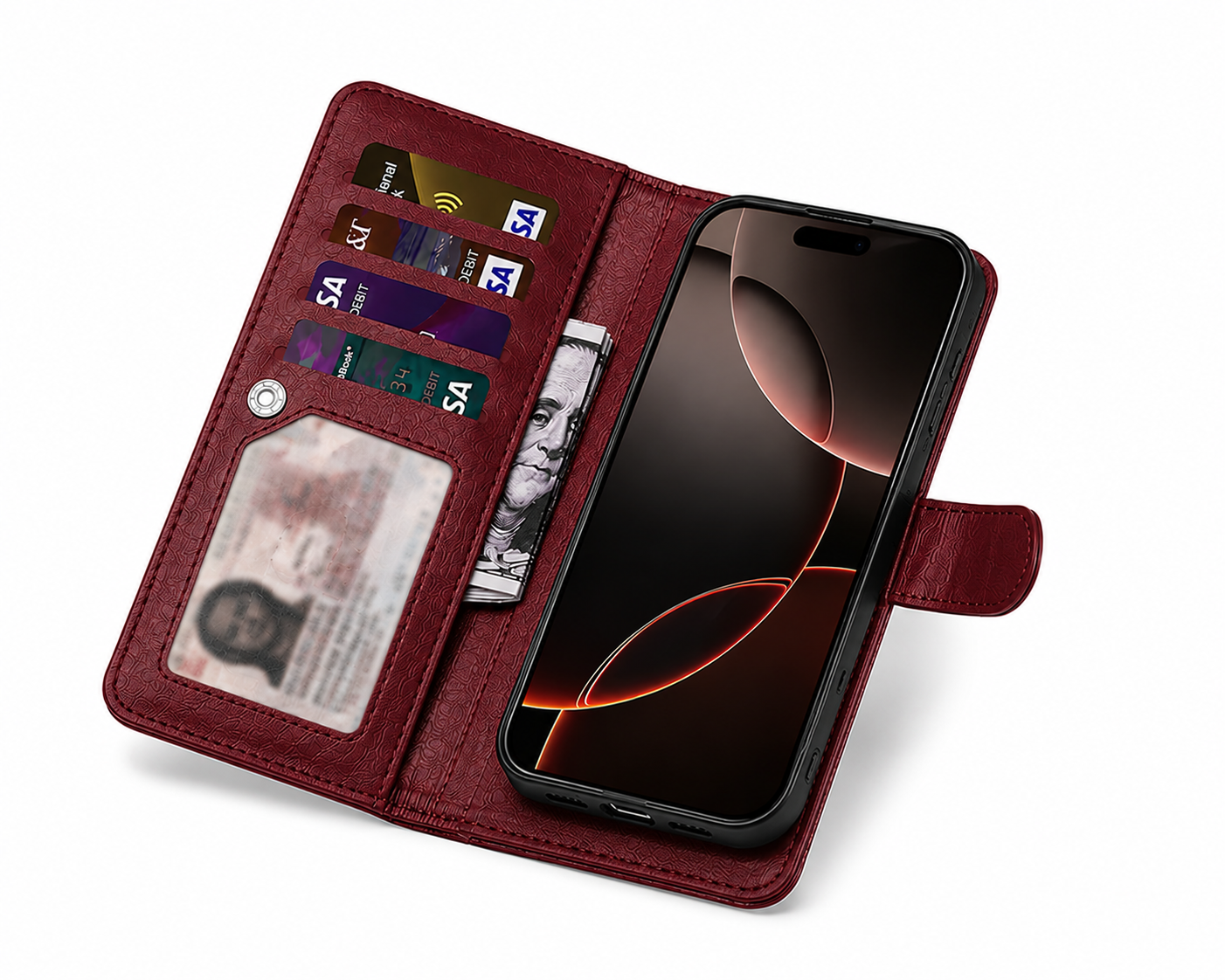  Wine Bifold Wallet for Apple iPhone 17 Pro, Premium Leather Phone Case, Magnetic Wallet Cover