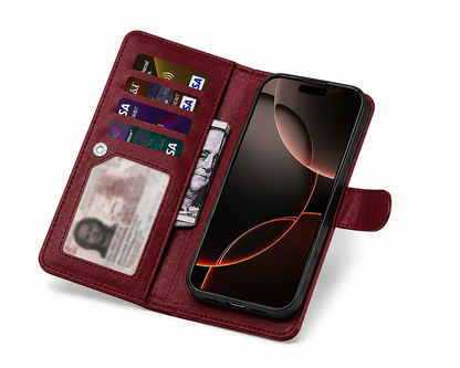  Wine Bifold Wallet for Apple iPhone 17 Pro, Premium Leather Phone Case, Magnetic Wallet Cover