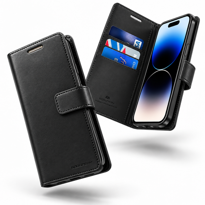 Goospery BlueMoon Leather Wallet Case for Apple iPhone 13 Pro Max - Black - close-up design view