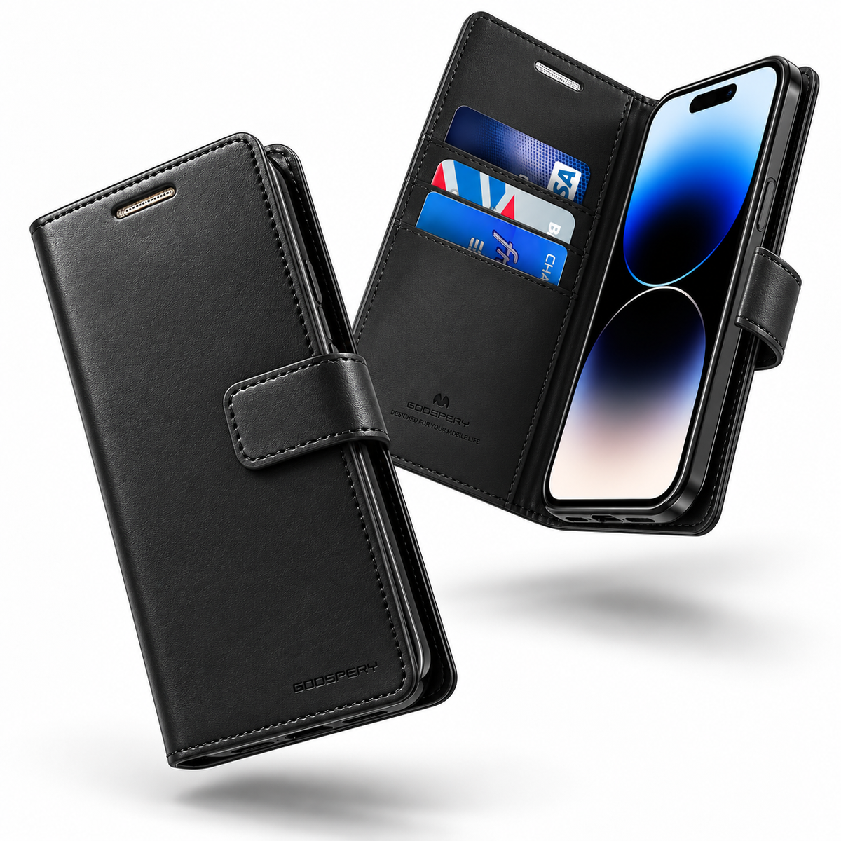 Goospery BlueMoon Leather Wallet Case for Apple iPhone 14 Pro - Black - close-up design view