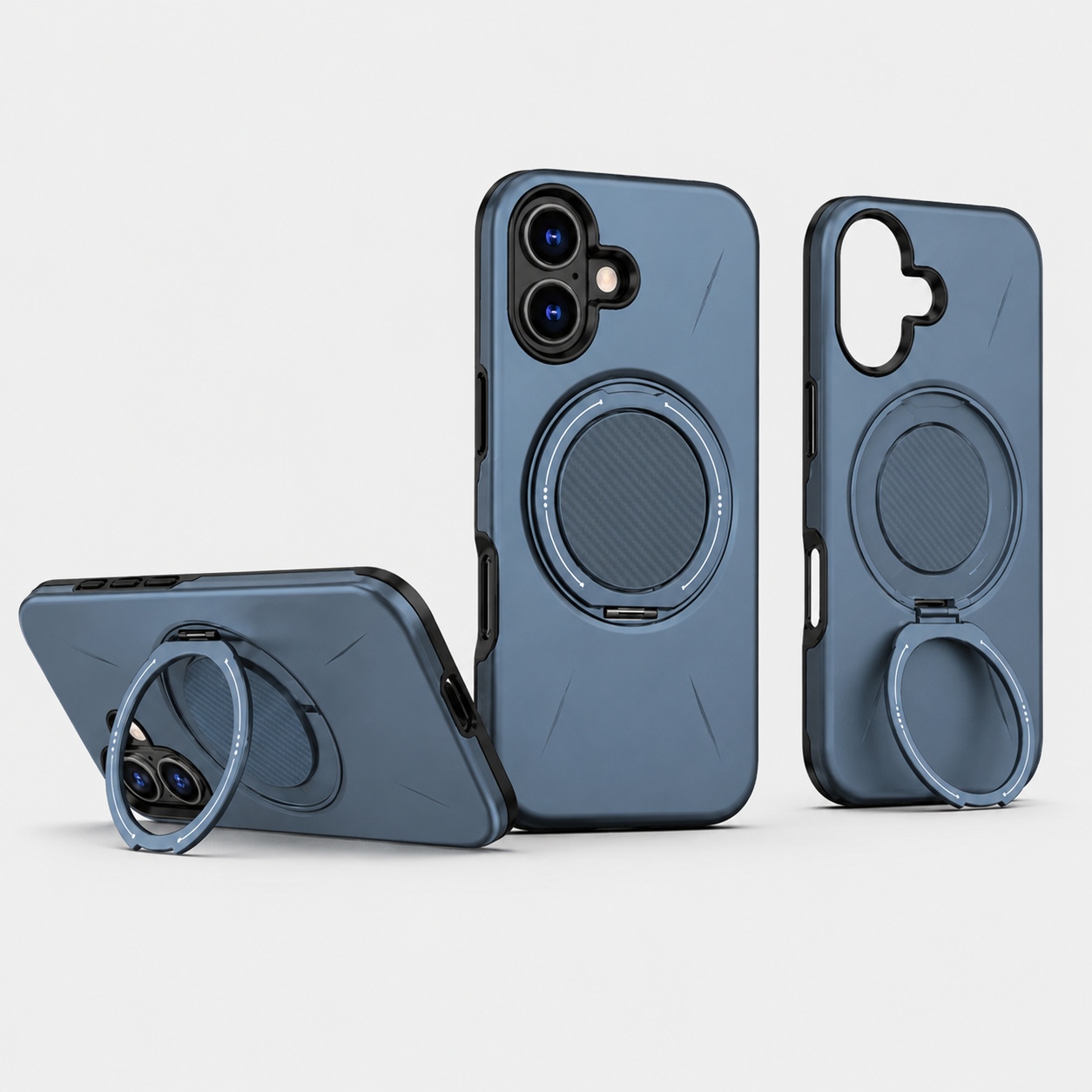 Blue iPhone 17 Protective Case featuring MagSafe compatibility, ring stand, impact-resistant phone case, wireless charging compatible