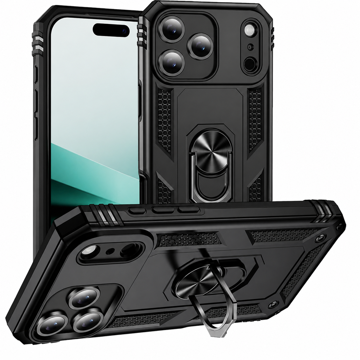 Black Anti-Drop Hybrid Case for Apple iPhone 17 Pro Max with Shockproof Phone Case, Ring Holder, and Kickstand Design