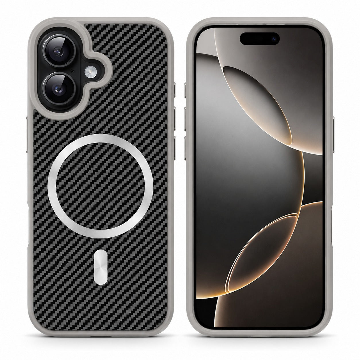 Grey MagSafe Carbon Elite Case for Apple iPhone 16 with premium carbon fiber phone case design