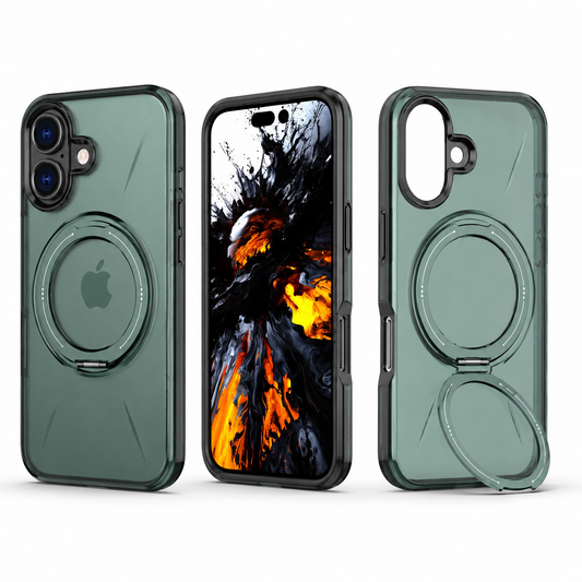 Green MagSafe Forge Ring Case for Apple iPhone 17, shockproof phone case, protective mobile cover, kickstand case