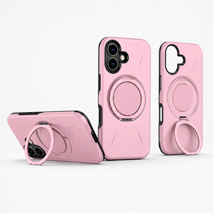 Pink iPhone 17 Protective Case featuring MagSafe compatibility, ring stand, impact-resistant phone case, wireless charging compatible