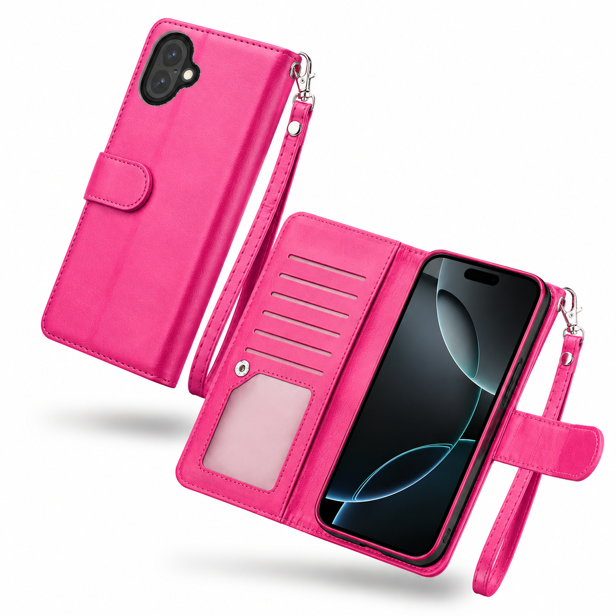 Hot pink iPhone 17 detachable wallet case with cash pocket and camera protection