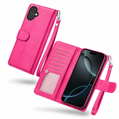 Hot pink iPhone 17 detachable wallet case with cash pocket and camera protection
