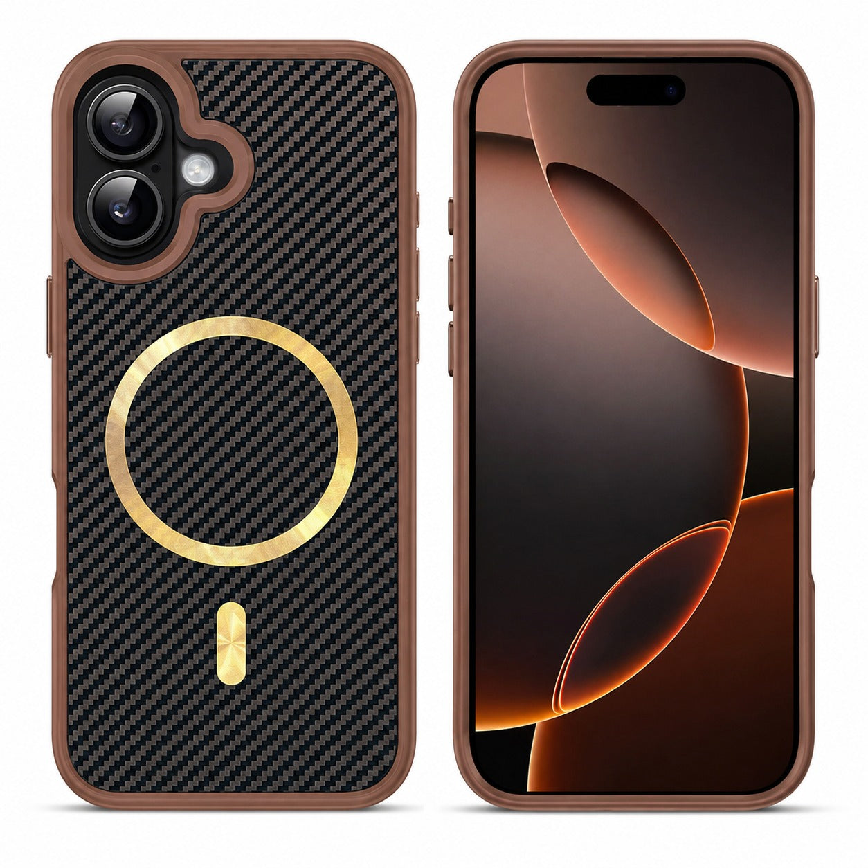 Premium Carbon Elite Case, Protective Smartphone Case, Drop Protection Phone Cover, Luxury Brown iPhone 16 Case