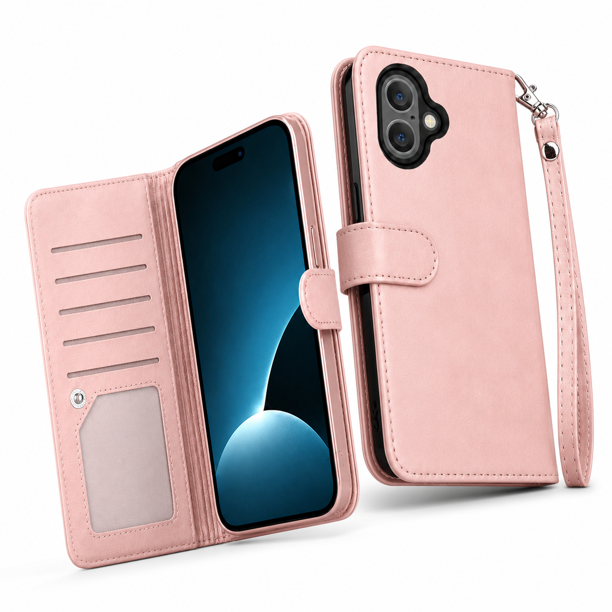Detachable bifold card holder case for iPhone 17 in rose gold