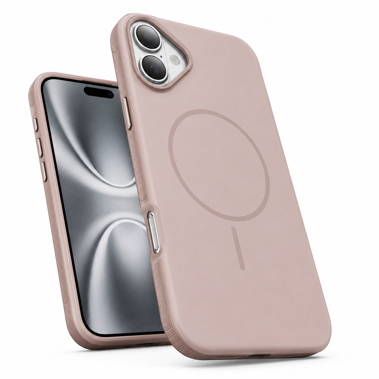 Rose gold iPhone 16 case with MagSafe magnetic ring, raised camera protection, and slim protective finish