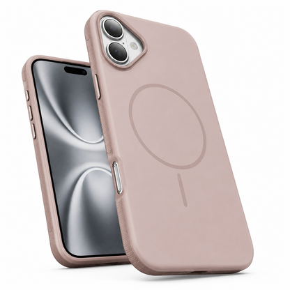 Rose gold iPhone 16 case with MagSafe magnetic ring, raised camera protection, and slim protective finish