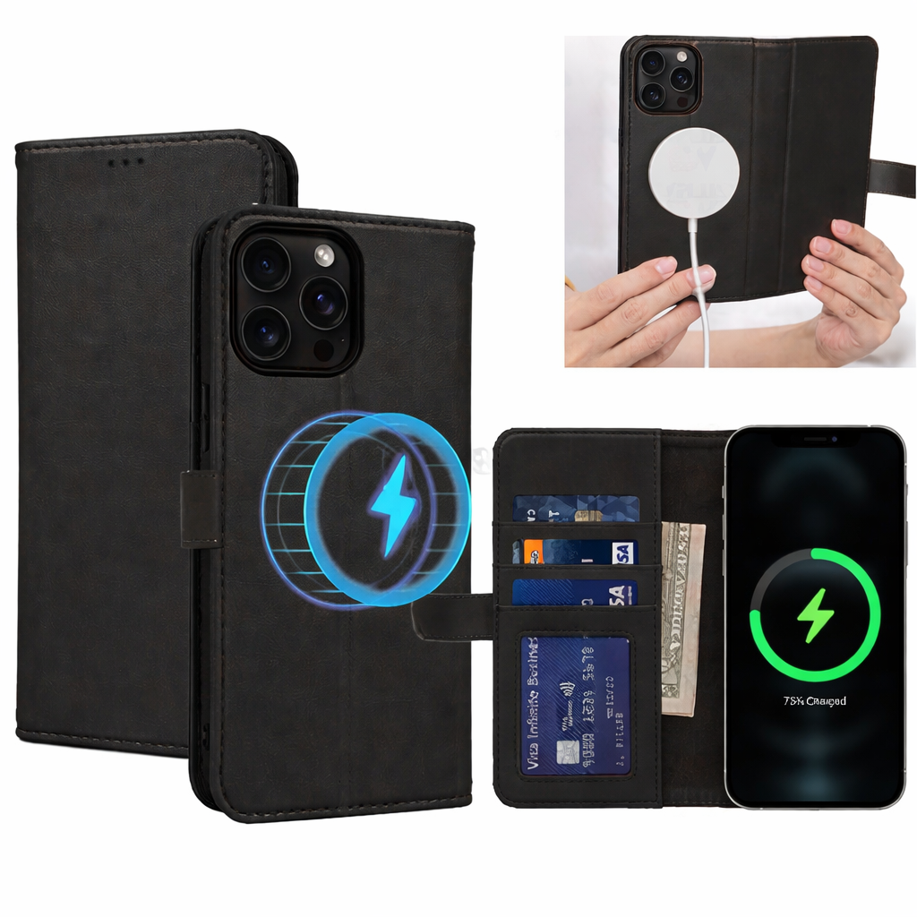 Wallet Phone Case – Black Leather Protective Cover with Wireless Charging Compatibility