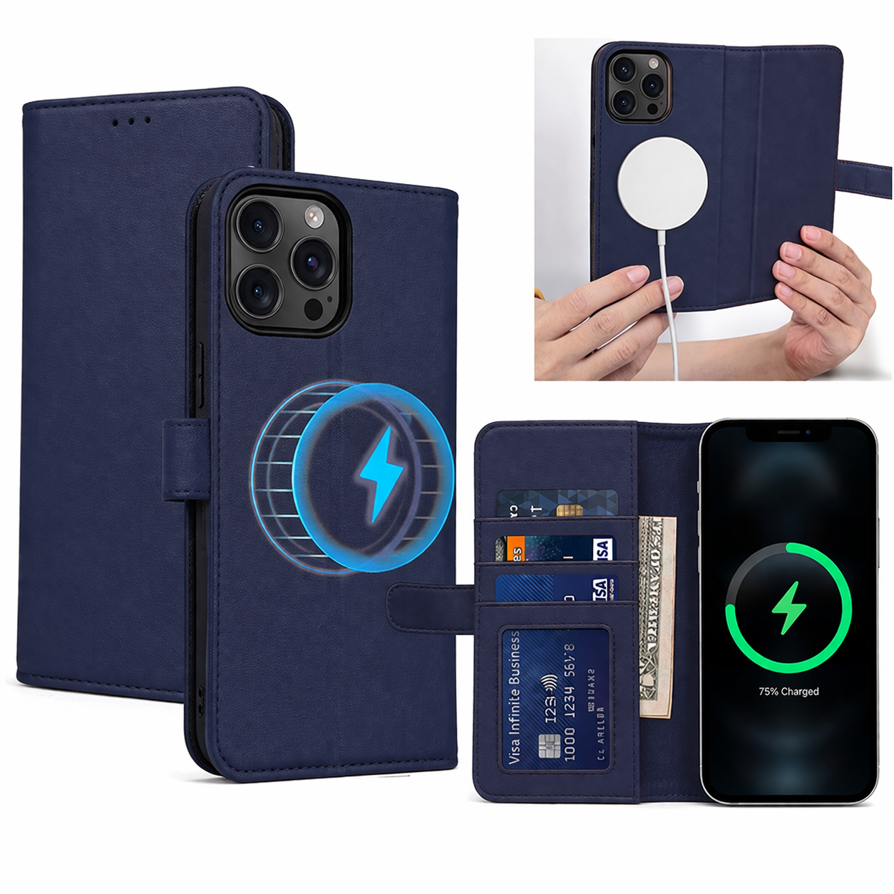 Wallet Phone Case – Navy Leather Protective Cover with Wireless Charging Compatibility