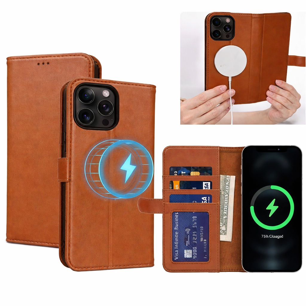 Wallet Phone Case – Brown Leather Protective Cover with Wireless Charging Compatibility