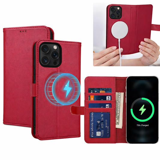 Wallet Phone Case – Red Leather Protective Cover with Wireless Charging Compatibility