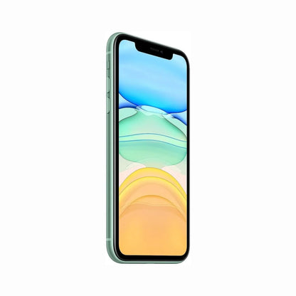 future tech gadgets Canada. smart tech store Canada. Premium iPhone 11. Gallery image 9. The smartphone is displayed at a slight angle, showcasing its sleek design and vibrant screen. The device features a mint green body with a glossy finish, contrasting against the soft, gradient colors of the screen, which transitions from blue at the top to yellow at the bottom. On the left side, two buttons are visible, while the screen has a narrow black bezel.