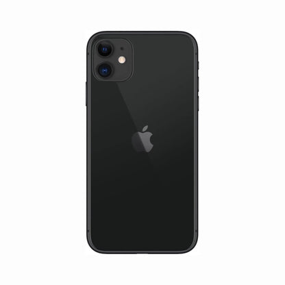 future tech gadgets Canada. smart tech store Canada. Premium iPhone 11. Gallery image 7. The product is centered in the frame, showcasing the back of a black smartphone. The surface is smooth and glossy, reflecting light softly. Two camera lenses are visible in the upper left corner, with a small flash next to them. The Apple logo is prominently displayed in the center of the device. The edges of the phone are rounded, and the right side features a volume button and a power button.