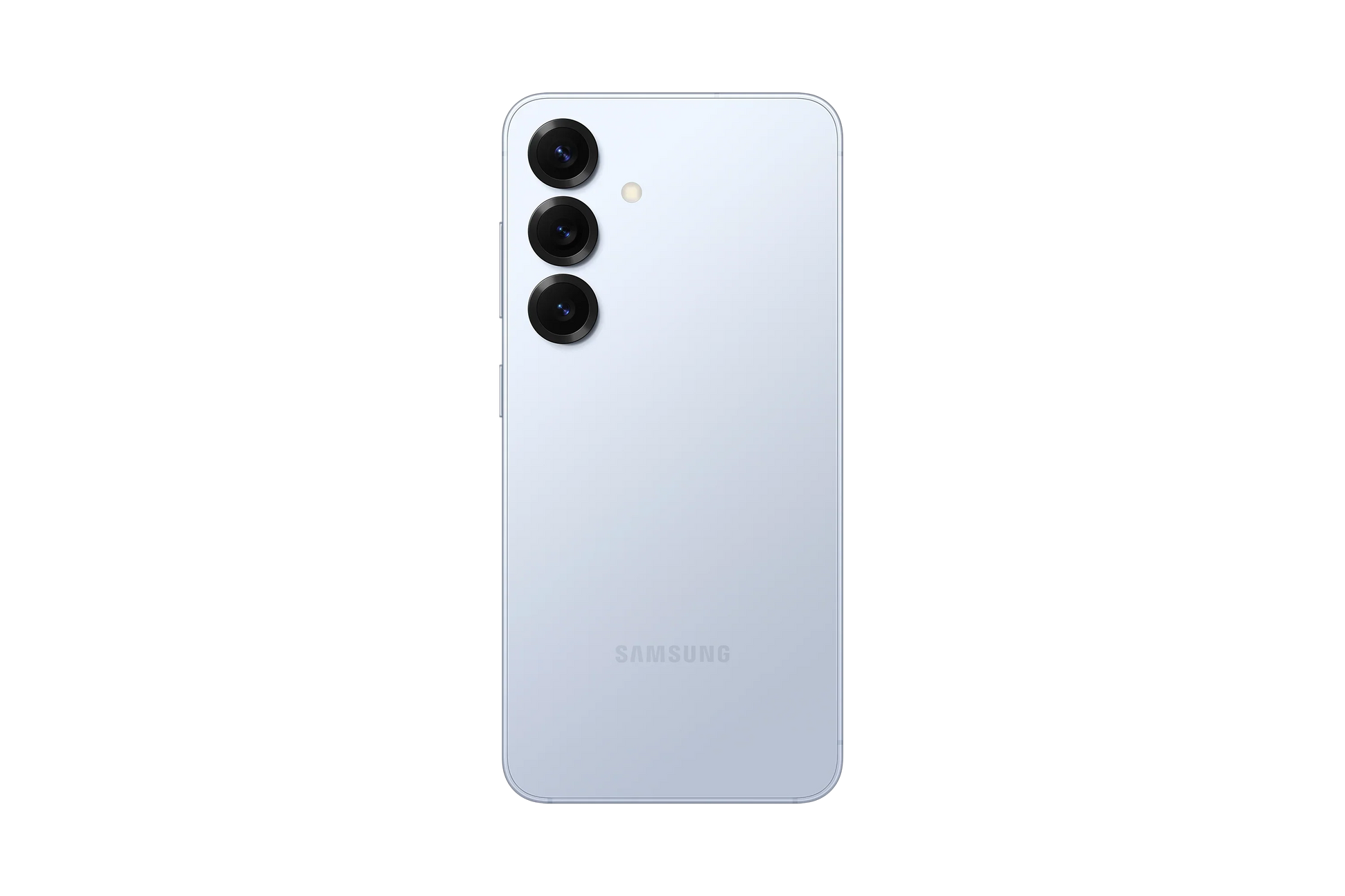 cutting edge electronics online Canada. smart tech store Canada. New Samsung Galaxy S25. Gallery image 5. The image shows the back of a smartphone, centered against a solid black background. The device features a smooth, glossy white finish with three circular camera lenses arranged vertically on the left side. Below the lenses, there is a small flash. The brand name "SAMSUNG" is subtly embossed near the bottom of the phone.
