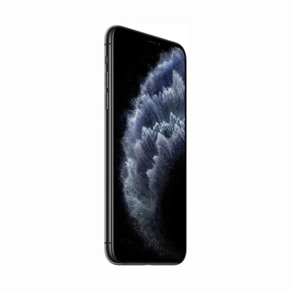 future tech gadgets Canada. smart tech store Canada. Premium iPhone 11 Pro. Gallery image 7. The smartphone is displayed at a slight angle, showcasing its sleek profile against a seamless white background. The screen features a vibrant, swirling galaxy design in shades of blue and black, emphasizing the device's high-resolution display. The body is glossy black, with visible buttons on the left side and a smooth edge.