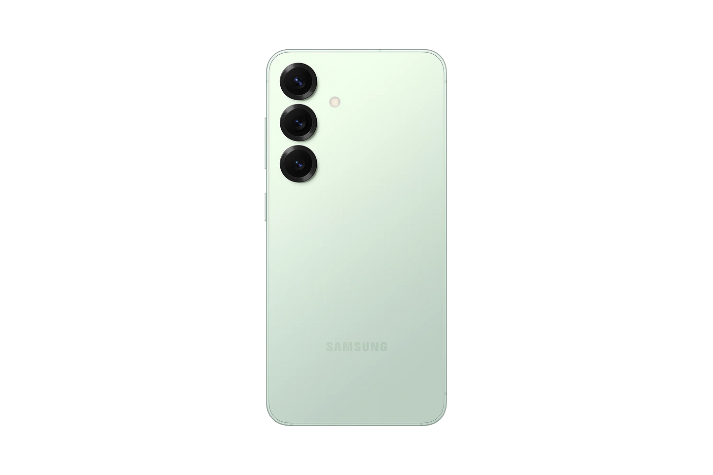 cutting edge electronics online Canada. smart tech store Canada. New Samsung Galaxy S25. Gallery image 6. The image shows a light green smartphone positioned centrally against a black background. The back of the phone features three circular camera lenses arranged vertically, with a small flash located above the top lens. The surface of the phone has a smooth, matte finish, and the brand name "SAMSUNG" is subtly embossed near the bottom.