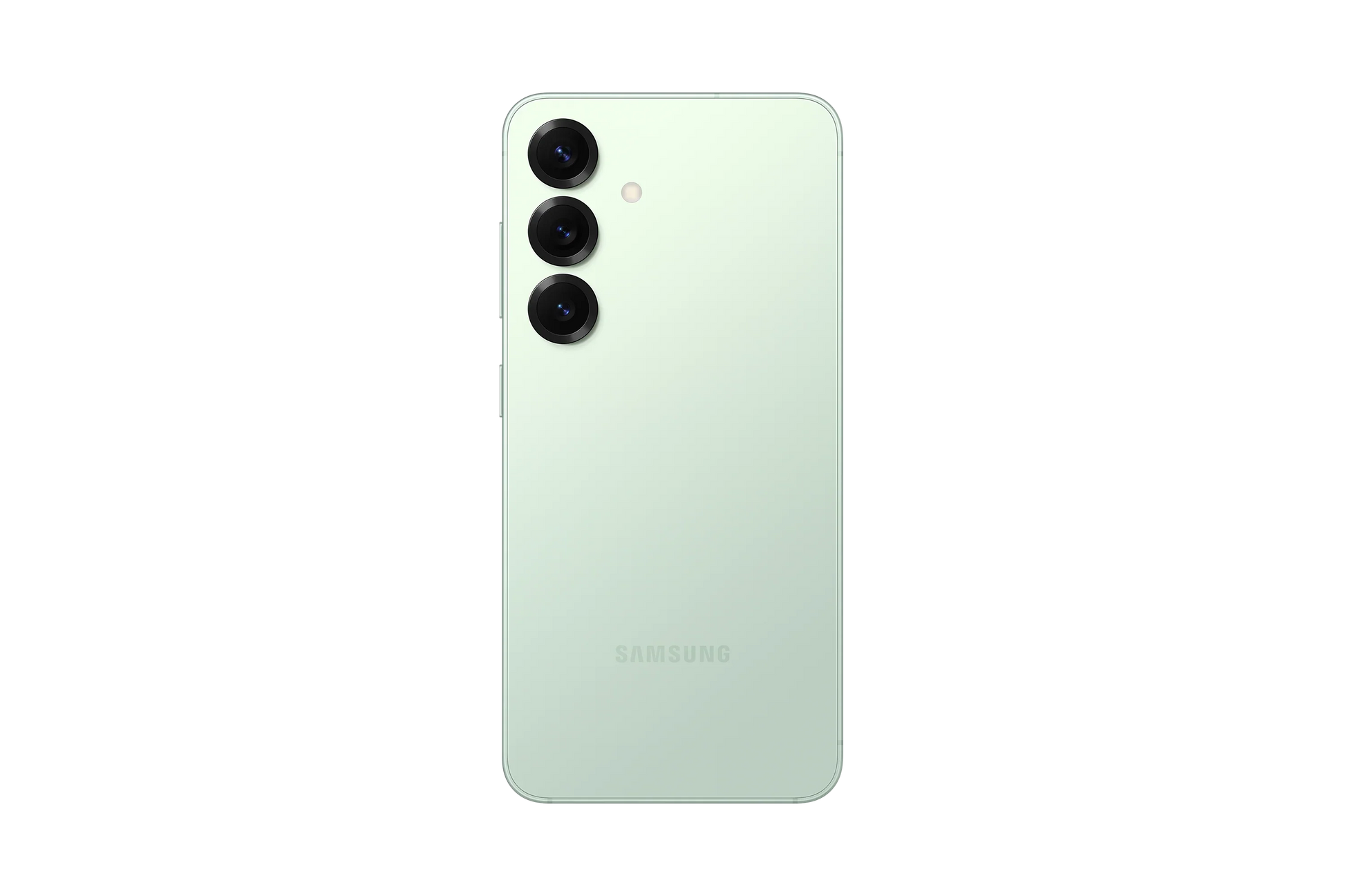 cutting edge electronics online Canada. smart tech store Canada. New Samsung Galaxy S25. Gallery image 6. The image shows a light green smartphone positioned centrally against a black background. The back of the phone features three circular camera lenses arranged vertically, with a small flash located above the top lens. The surface of the phone has a smooth, matte finish, and the brand name "SAMSUNG" is subtly embossed near the bottom.