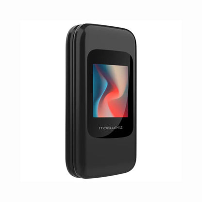future tech gadgets Canada. smart tech store Canada. The Maxwest Vice 4G. Gallery image 2. The product is a sleek, black mobile device, positioned at a slight angle to showcase its front. The screen features a colorful abstract design with soft gradients of red, blue, and cream. The glossy finish of the device reflects light subtly, enhancing its modern look. The brand name "maxwest" is visible in white text near the bottom of the front panel.