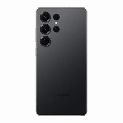 smart tech store Canada. next gen electronics shop. New Samsung Galaxy S25 Ultra. Gallery image 5. The smartphone is displayed from a rear view, centered in the frame against a plain white background. Its sleek, matte black body features a glossy finish around the camera lenses, which are arranged in a vertical line on the upper left. There are four camera lenses, with the largest at the bottom, and a small white sensor next to them.