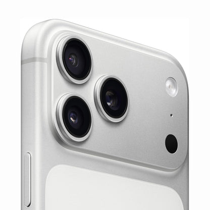 future tech gadgets Canada. cutting edge electronics online Canada. New Apple iPhone 17 Pro Max. Gallery image 5. The image showcases the back corner of a smartphone, prominently featuring three circular camera lenses arranged vertically. The device has a sleek, silver finish with a matte texture, and a small flash located next to the top lens. A white section at the bottom of the phone contrasts with the metallic body.