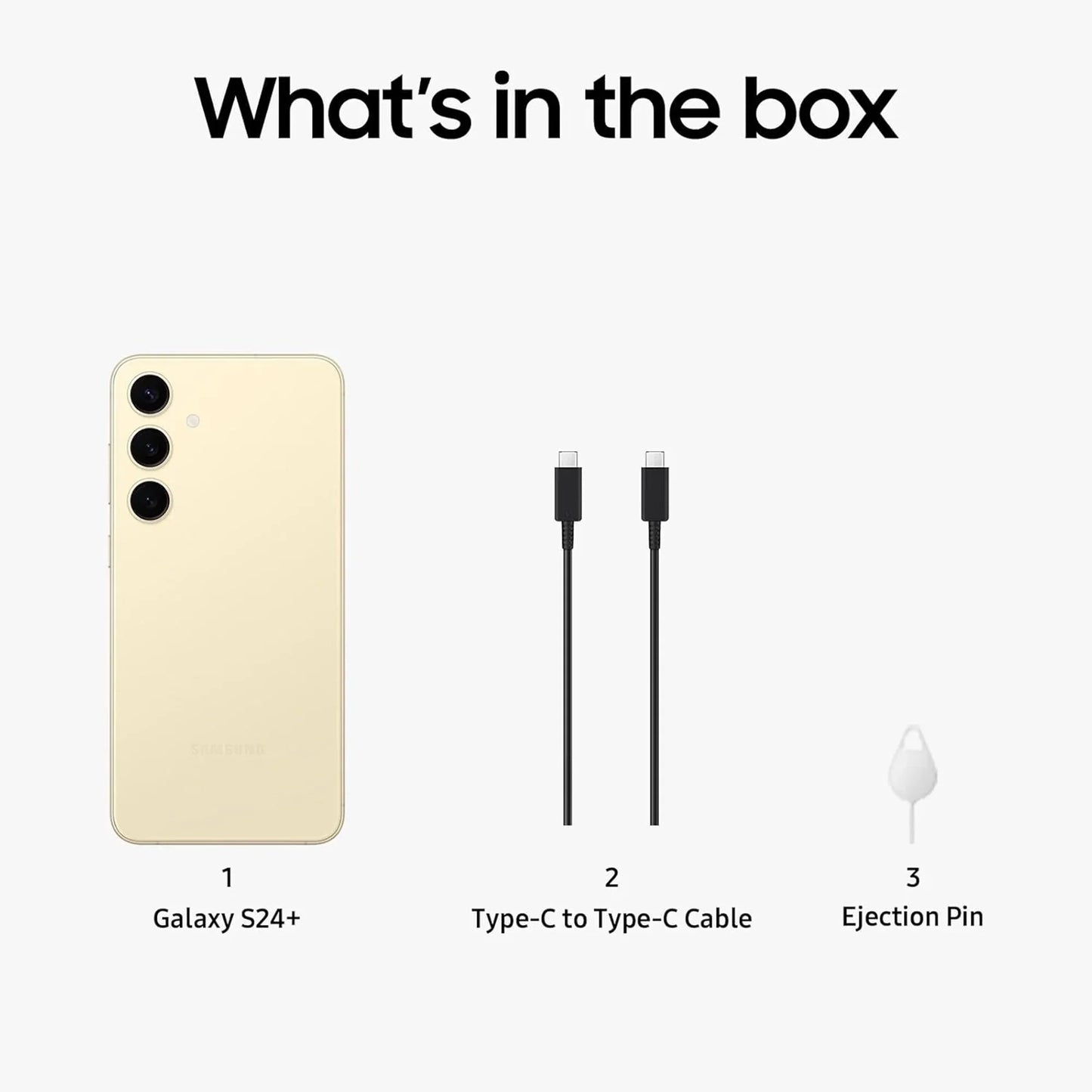 smart tech store Canada. premium tech accessories Canada. Premium Samsung Galaxy S24 Plus. Gallery image 5. The image features a light gold Samsung Galaxy S24+ smartphone positioned centrally, showcasing its rear with three circular camera lenses. To the right, a black Type-C to Type-C cable lies flat, with both ends visible. Next to it, a small white ejection pin is displayed, slightly angled. The background is a clean, seamless white, enhancing the visibility of the products.