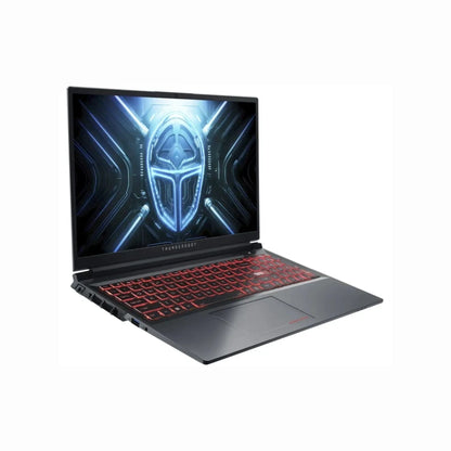 future tech gadgets Canada. smart tech store Canada. ThundeRobot R16 i9 Gaming Laptop. Gallery image 2. The laptop is positioned at a slight angle, showcasing its sleek design and illuminated red keyboard. The screen displays a futuristic graphic with a blue and silver color scheme, emphasizing a tech-inspired aesthetic. The body of the laptop is predominantly black with a matte finish, and the touchpad is smooth and integrated into the palm rest.