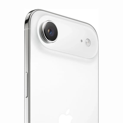 future tech gadgets Canada. smart tech store Canada. New Apple iPhone 17 Air. Gallery image 8. The image features a close-up view of a smartphone, angled slightly to showcase its rear camera. The device has a glossy white finish with a silver trim along the edges. The camera lens is prominent, encircled by a shiny metal ring, and a small flash is positioned nearby. A single button is visible on the left side of the phone.