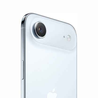 future tech gadgets Canada. smart tech store Canada. New Apple iPhone 17 Air. Gallery image 6. The image features a close-up view of a smartphone's rear corner, showcasing a glossy white finish. The camera lens is prominently displayed, surrounded by a silver ring, with a small flash next to it. The device is angled slightly, revealing a side button that is flush with the body. The background is a seamless white, enhancing the sleek design of the phone.
