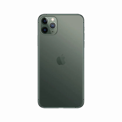 future tech gadgets Canada. smart tech store Canada. Premium iPhone 11 Pro. Gallery image 6. The smartphone is centered in the frame, showcasing its sleek, matte green back. The camera module, located in the upper left corner, features three lenses and a flash, all set against the smooth surface. The Apple logo is prominently displayed in the center of the device. The background is a seamless white, providing a clean contrast that highlights the phone's design.