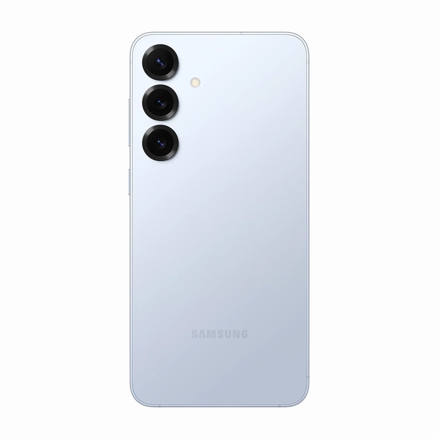smart tech store Canada. premium tech accessories Canada. New Samsung Galaxy S25 Plus. Gallery image 5. The smartphone is centered in the frame, showcasing its sleek, glossy white back. Three circular camera lenses are aligned vertically on the left side, with a small flash positioned above them. The bottom of the device features the embossed "SAMSUNG" logo. The background is a seamless white, enhancing the phone's modern aesthetic.