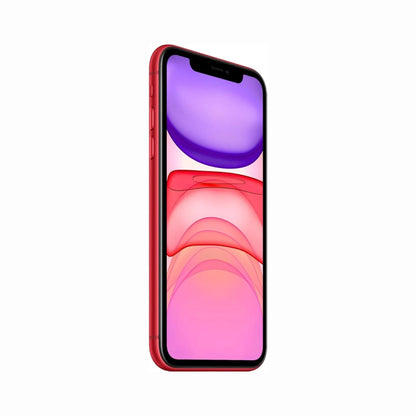 future tech gadgets Canada. smart tech store Canada. Premium iPhone 11. Gallery image 11. The smartphone is positioned at a slight angle, showcasing its vibrant red body against a seamless white background. The screen displays a colorful abstract design with soft gradients of purple and pink. On the left side of the device, two buttons are visible, while the top features a notch for the front camera. The lighting is bright and even, highlighting the glossy finish of the phone.