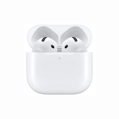 next gen electronics shop. premium tech accessories Canada. New Apple Original AirPods 4 Gen. Gallery image 2. The image shows a pair of wireless earbuds nestled in a compact, glossy white charging case, which is slightly open. The earbuds are predominantly white with black accents on the tips. A small green LED light is visible on the front of the case, indicating charging status. The background is a seamless white, enhancing the product's clean and modern aesthetic.