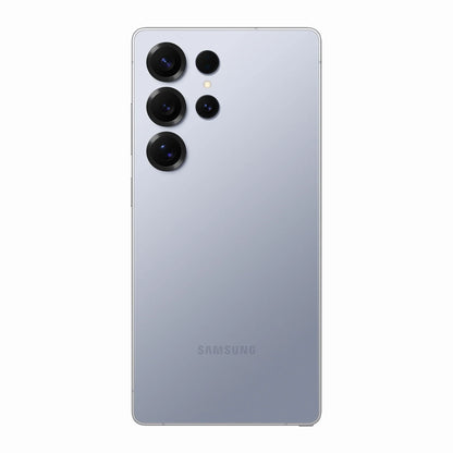 smart tech store Canada. next gen electronics shop. New Samsung Galaxy S25 Ultra. Gallery image 8. The product is a smartphone positioned centrally against a seamless white background. The back of the device features a sleek, glossy silver finish that reflects light softly. Four circular camera lenses are arranged vertically on the left side, with the largest lens at the top, followed by a smaller lens, a flash, and another lens below.
