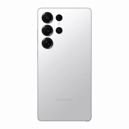 smart tech store Canada. next gen electronics shop. New Samsung Galaxy S25 Ultra. Gallery image 6. The smartphone is centered in the frame, showcasing its sleek, glossy white back. Four circular camera lenses are arranged vertically on the left side, with a small flash positioned above the third lens. The bottom of the device features the brand name "SAMSUNG" printed in a subtle, light gray.