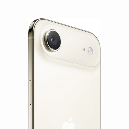 future tech gadgets Canada. smart tech store Canada. New Apple iPhone 17 Air. Gallery image 7. The image features a close-up view of a smartphone, angled slightly to showcase its rear camera. The device has a glossy, light gold finish, with a prominent circular camera lens and a small flash located above it. The Apple logo is visible on the back, positioned near the bottom edge. The background is a seamless white, emphasizing the sleek design and reflective surface of the phone.