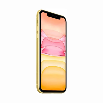 future tech gadgets Canada. smart tech store Canada. Premium iPhone 11. Gallery image 10. The smartphone is positioned at a slight angle, showcasing its sleek design with a vibrant yellow body. The screen displays a colorful abstract background featuring soft pink and yellow gradients. The device's edges are smooth, and the front features a narrow black bezel surrounding the display. On the left side, two buttons are visible, while the right side appears clean.