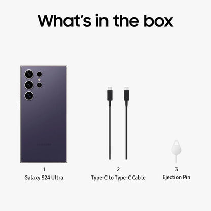 smart tech store Canada. next gen electronics shop. Premium Samsung Galaxy S24 Ultra. Gallery image 5. The image features a Samsung Galaxy S24 Ultra smartphone positioned centrally, showcasing its sleek, dark purple back with multiple camera lenses. To the right, a black Type-C to Type-C cable lies flat, and next to it, a small white ejection pin is displayed. The background is a clean, seamless white, enhancing the visibility of the items.