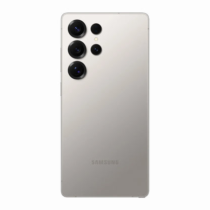 smart tech store Canada. next gen electronics shop. New Samsung Galaxy S25 Ultra. Gallery image 7. The smartphone is centered in the frame, showcasing its sleek, matte silver back. Four circular camera lenses are arranged vertically on the left side, with a small LED flash positioned above the top lens. The surface is smooth and reflective, subtly catching light. The bottom of the device features the "SAMSUNG" logo in a simple, understated font.