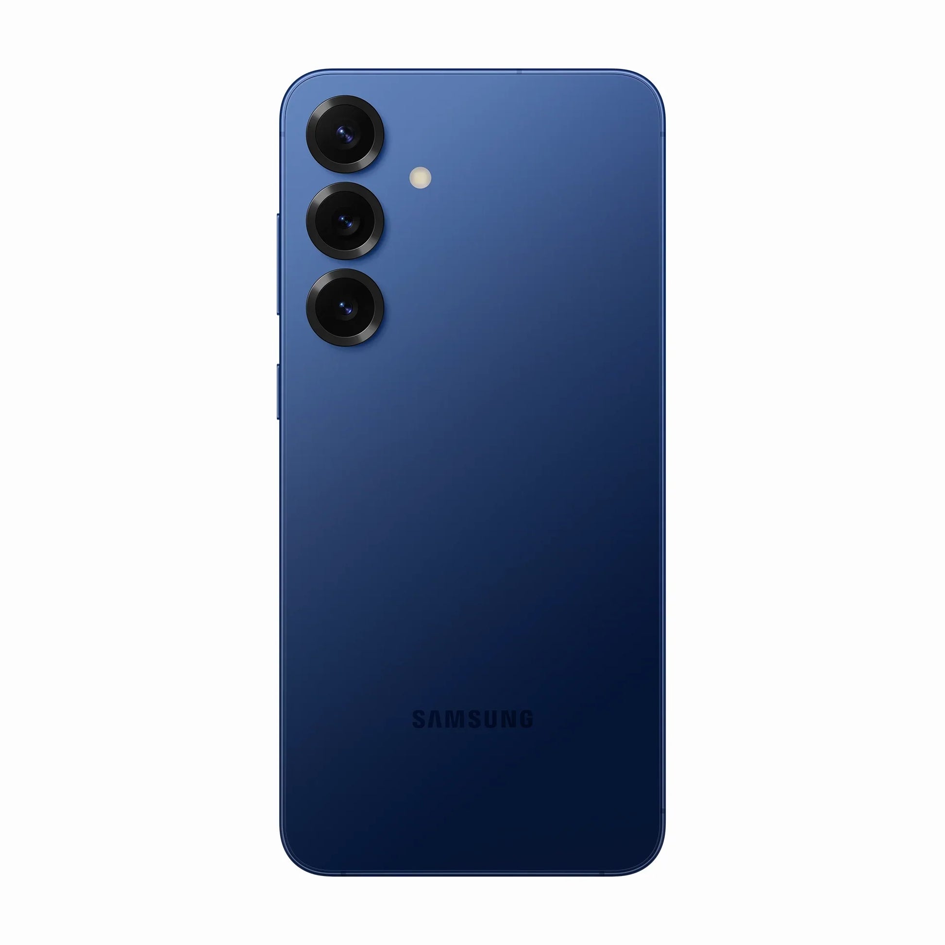 smart tech store Canada. premium tech accessories Canada. New Samsung Galaxy S25 Plus. Gallery image 6. The smartphone is centered in the frame, showcasing its sleek, matte navy blue back. Three circular camera lenses are aligned vertically on the upper left, with a small flash positioned above the top lens. The surface beneath the phone is a seamless white background, enhancing the device's modern design. The lighting is soft, creating subtle reflections on the phone's surface.
