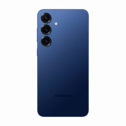 smart tech store Canada. premium tech accessories Canada. New Samsung Galaxy S25 Plus. Gallery image 6. The smartphone is centered in the frame, showcasing its sleek, matte navy blue back. Three circular camera lenses are aligned vertically on the upper left, with a small flash positioned above the top lens. The surface beneath the phone is a seamless white background, enhancing the device's modern design. The lighting is soft, creating subtle reflections on the phone's surface.