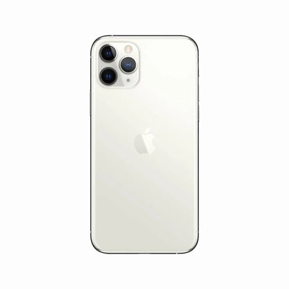 future tech gadgets Canada. smart tech store Canada. Premium iPhone 11 Pro. Gallery image 5. The smartphone is centered in the frame, showcasing its sleek, glossy white back. The Apple logo is prominently displayed in the middle, with three camera lenses arranged in a triangular formation at the top left corner. The edges of the phone are metallic and reflect light softly, while the background is a seamless white, enhancing the product's clean aesthetic.