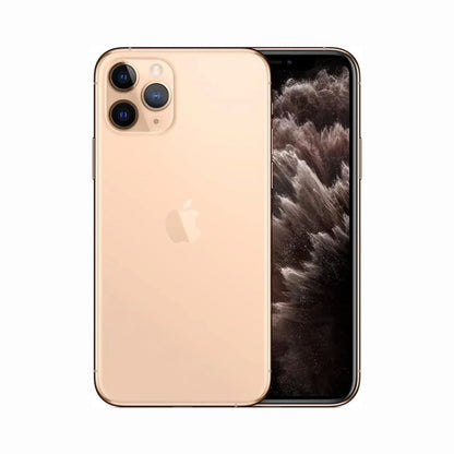 future tech gadgets Canada. smart tech store Canada. Premium iPhone 11 Pro. Gallery image 10. The smartphone is positioned at a slight angle, showcasing both its back and front. The back features a glossy gold finish with a prominent Apple logo and a triple-camera setup in the top left corner. The front display, visible on the right, has a dark background with a textured pattern, likely showcasing a wallpaper. The lighting is bright and even, highlighting the phone's sleek design.